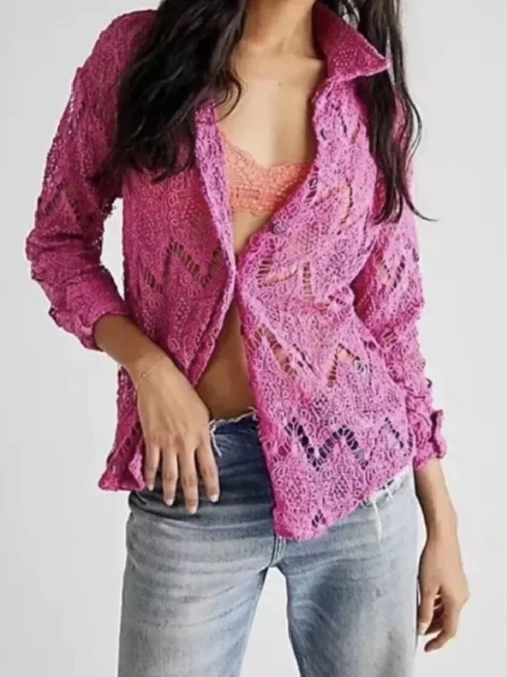 Free People Until Sundown Lace Shirt Gin Fizz Pink Crochet Boho Top